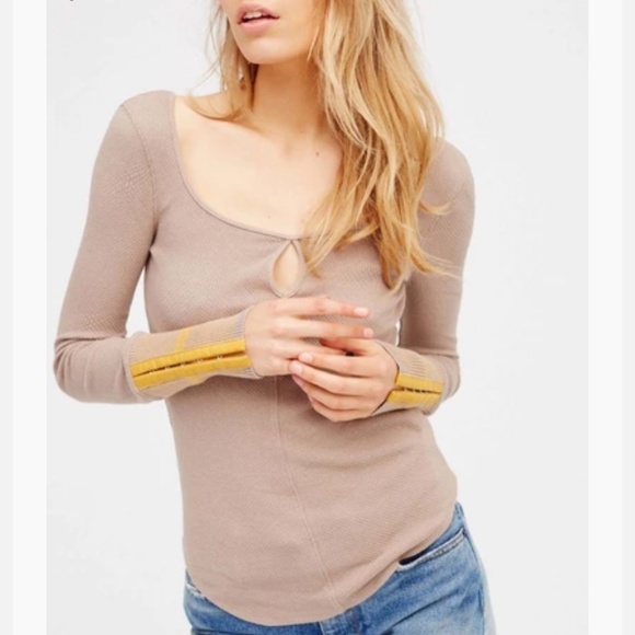 FP |  WTF Taupe Thermal Striped Cuffs Scoop Neck Keyhole Boho Long Sleeve Shirt - Picture 2 of 14